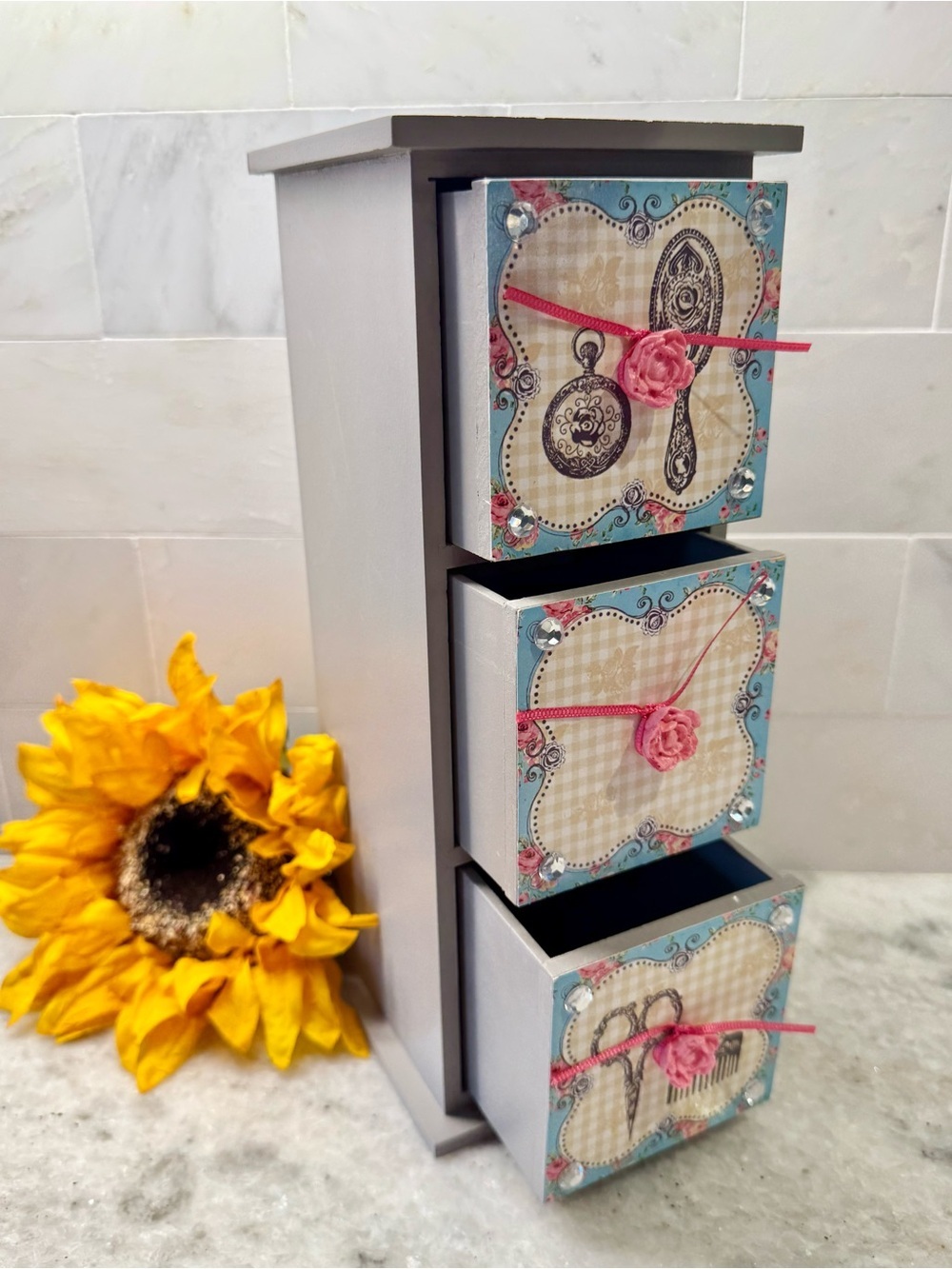 New Shabby Style Gray, Blue, Pink Wooden 3 Drawer Organizer Storage Decor - 11”